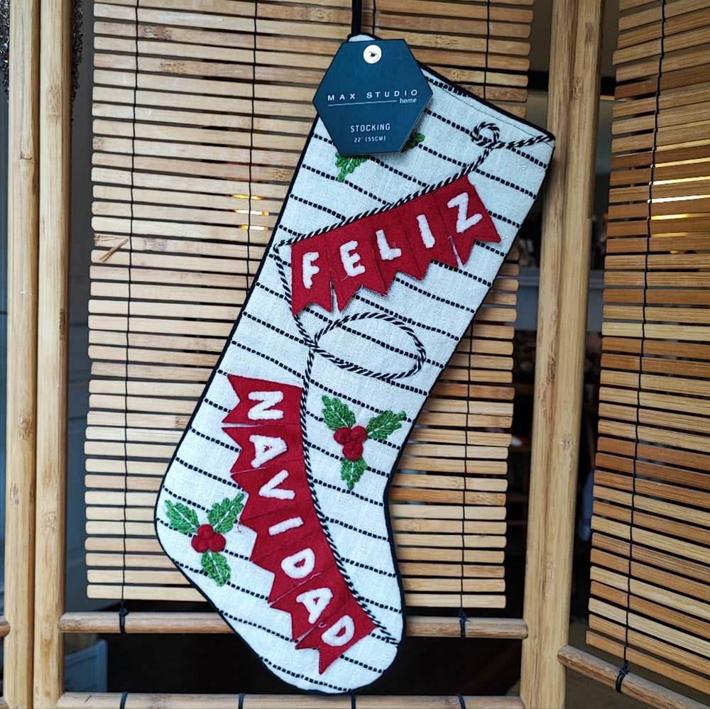 Feliz Navidad Max Studio Christmas Stocking NWT Tufted Felt Silver Thread Lined